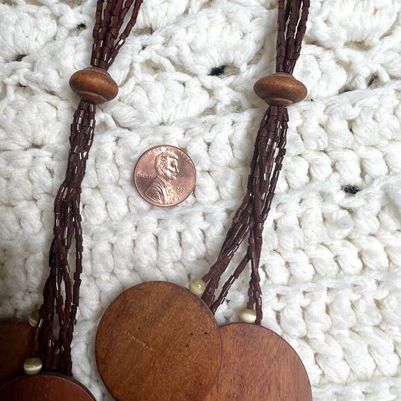 VINTAGE Women's Boho Seed Bead Wood Discs Multi Strand Necklace Natural Earthy - Picture 6 of 9